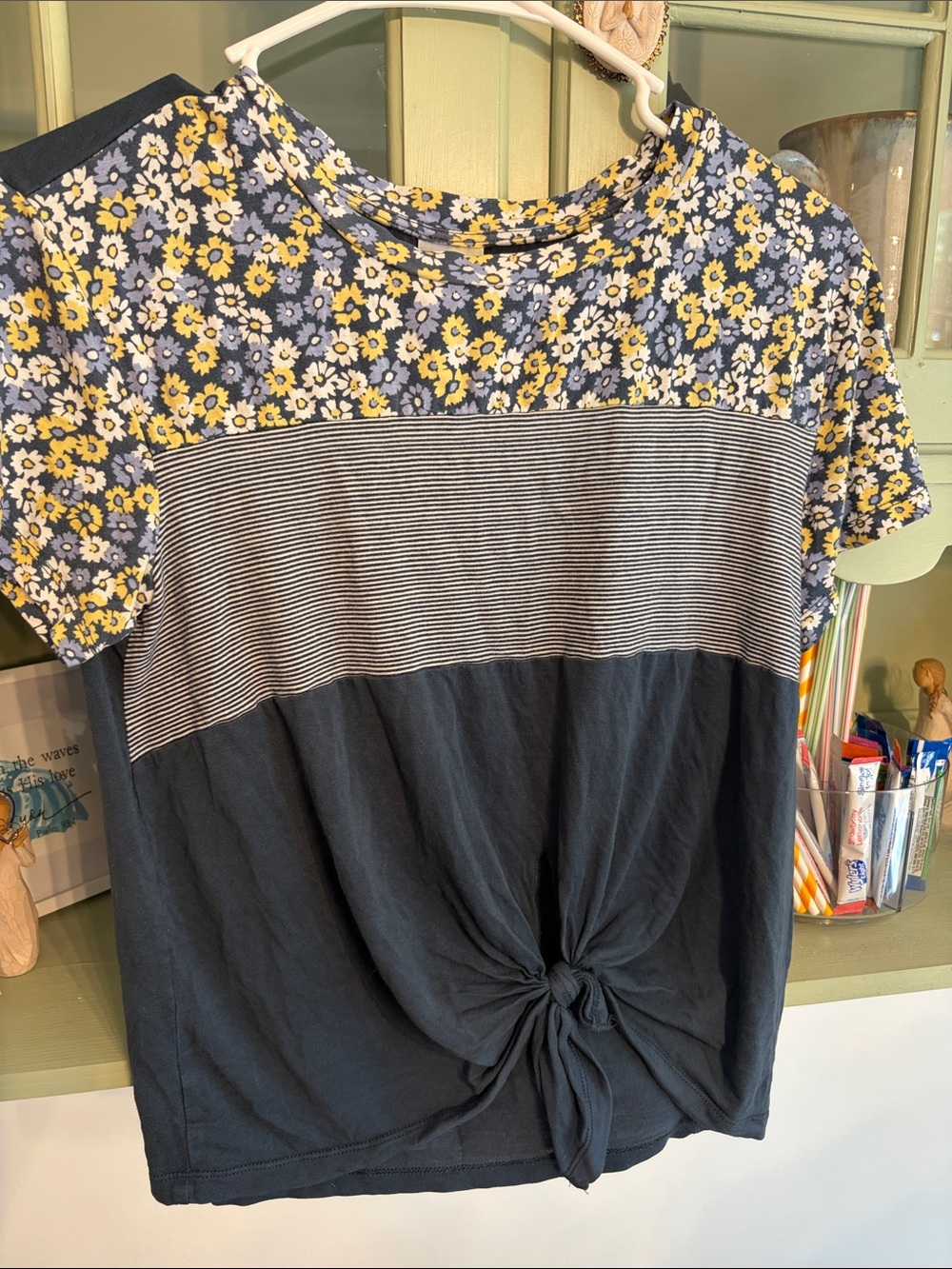 Belle Du Jour Navy & Yellow Floral Stripe Knot Front Top
